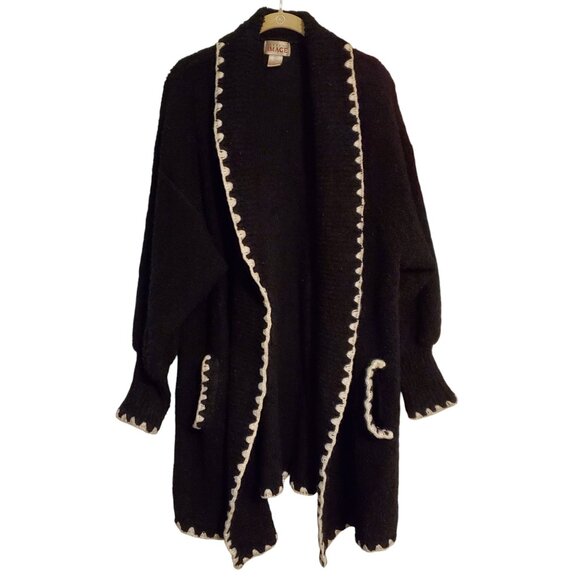 Vintage 80s Black White Witchy Long Line Flowy Open Front Cardigan Sweater - Picture 1 of 9